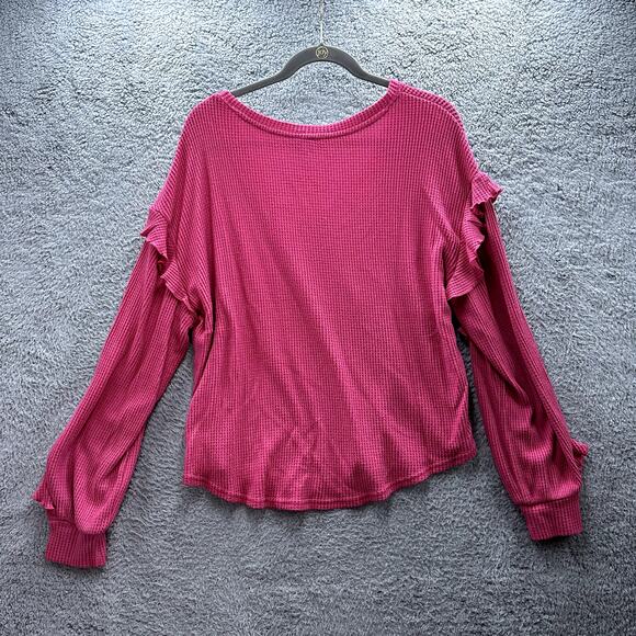 Pilcro XL Pink Waffle Knit Long Sleeve Ruffle V-Neck Shirt Frilly Girly Casual - Picture 8 of 9